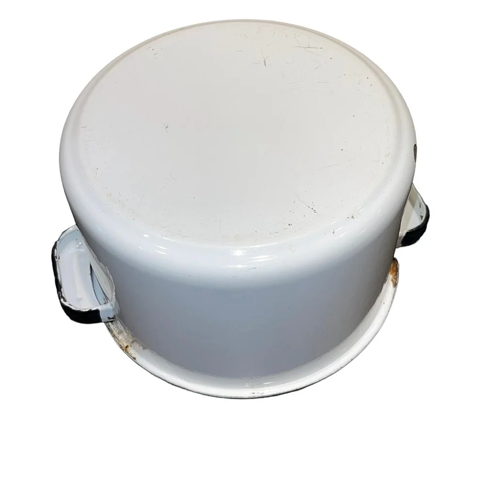 Vintage Rustic Medium Enamelware Black and White Crock Pot w Lid Decoration Only